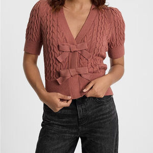 Express Ginger Colored Cable Knit Double Bow Short Sleeved Cardigan Cottagecore